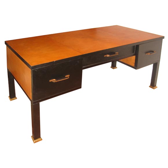 Stunning Two Tone Leather Covered French Executive Desk For Sale