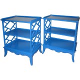 Blue Lacquer Two Tier Side Tables with Fretwork