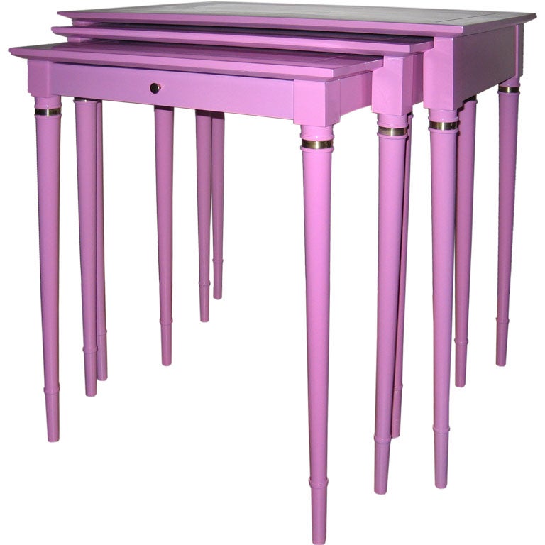 French Pink Lacquer Nesting Tables with Brass Accents For Sale at 1stDibs