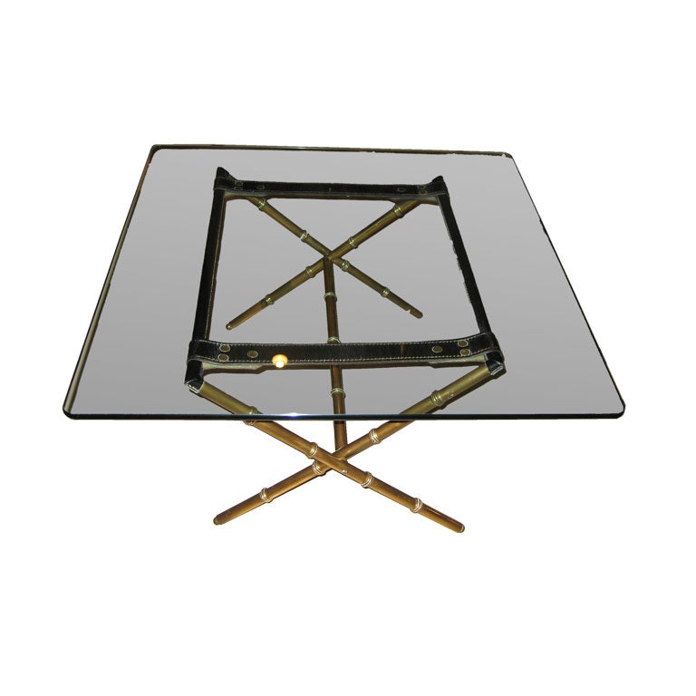 Jacques Adnet Brass Bamboo and Leather Coffee Table For Sale