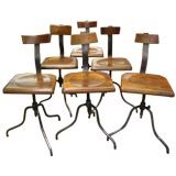 Vintage Set of 6 French 40s Iron and Wood Swivel Stools