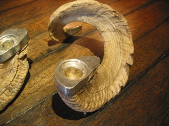 Italian Pair of Ram's Horn Silver Candle Holders