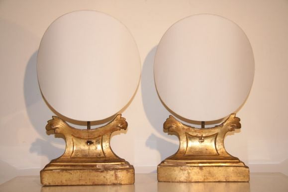 Table Lamps made out of 19th c. Architectural Fragments with moonlike sphere shades