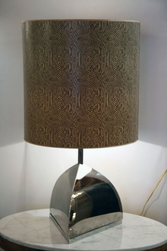 Steel triangle shaped table lamp with snake skin shade.