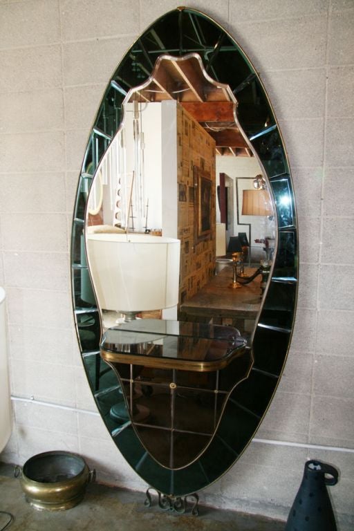 Italian 40s Murano Oval Teal Green Mirror with Shelf