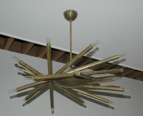 Multi-tube / arm brass rod chandelier. Custom fabrication from rewire. Brass tubes takes E14 15w maximum candelabra bulbs.