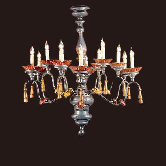 Painted wood and tole 12-light chandelier