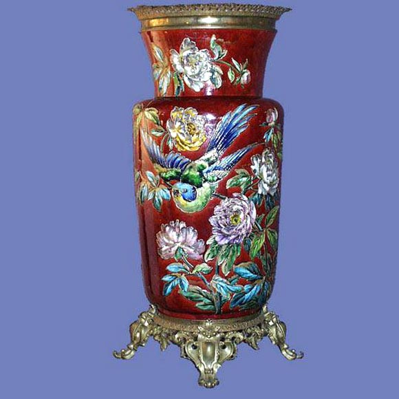 Large 19th century hand-painted enameled majolica urn
