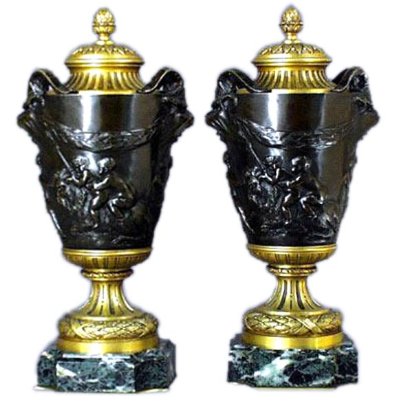 Pair of French 19th century patinated bronze & bronze dore  urns For Sale