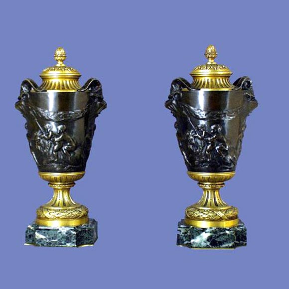 Pair of French 19th century patinated bronze and bronze dore  cassoulettes with allegorical figures.<br />
FOR MORE INFORMATION, PLEASE VISIT WWW.CONNOISSEURANTIQUES.COM