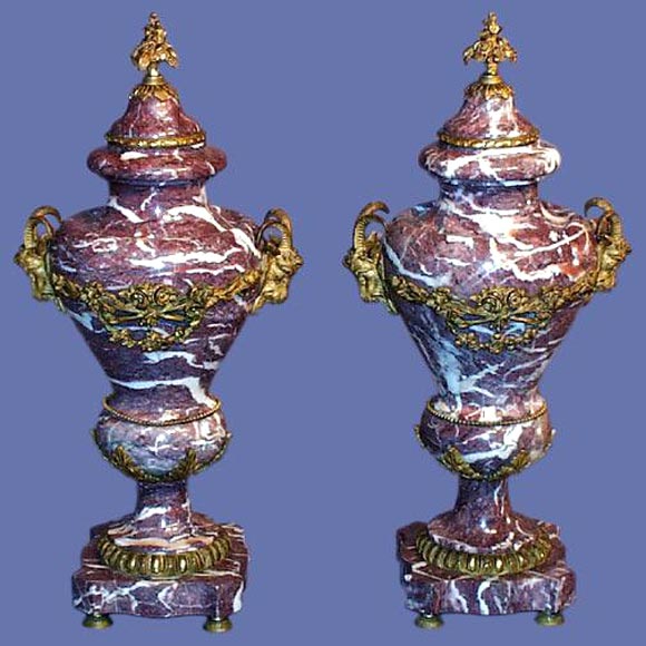 Pair of French 19th century fleur de peche marble cassoulets with bronze dore mounts.<br />
FOR MORE INFORMATION, PLEASE VISIT WWW.CONNOISSEURANTIQUES.COM