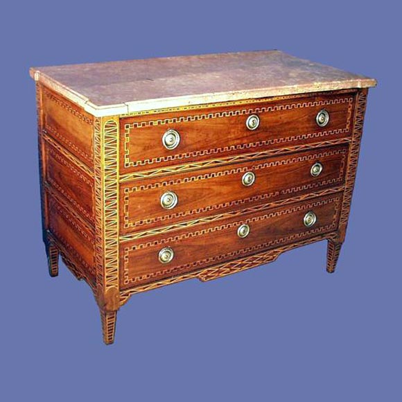 Exceptional French 18th century inlaid walnut three-drawer chest