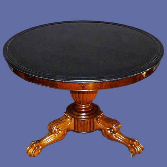 French 19th century flame mahogany Empire style gueridon table with marble top on lion footed pedestal base.<br />
FOR MORE INFORMATION, PLEASE VISIT WWW.CONNOISSEURANTIQUES.COM