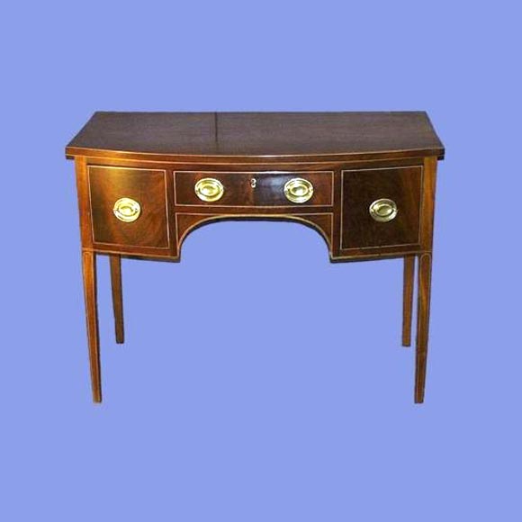 Fine English 19th century flame mahogany three-drawer table with inlaid perimeter banding.<br />
FOR MORE INFORMATION, PLEASE VISIT WWW.CONNOISSEURANTIQUES.COM