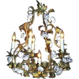 Antique Iron and tole 6-llight chandelier with painted tole roses.
