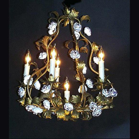 Iron and tole 6-llight chandelier with painted tole roses.