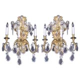 French early 19th century bronze dore 3-light Baccarat  sconces