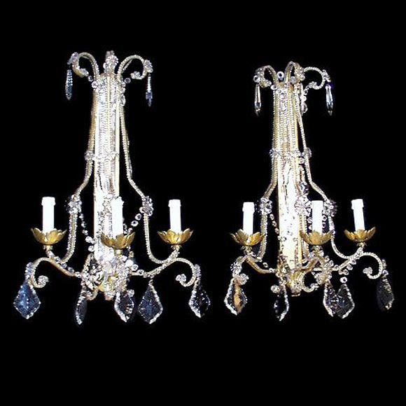 Pair of Italian 3-light mirrored sconces