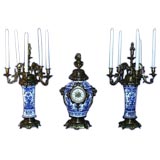 19th century Delft porcelain and bronze garniture clock set