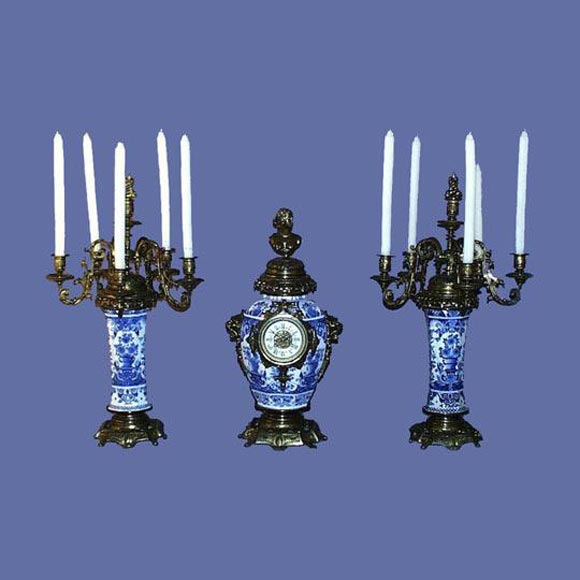 19th century Delft porcelain and bronze garniture clock set