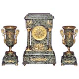 Fine French speckled green marble garniture clock set