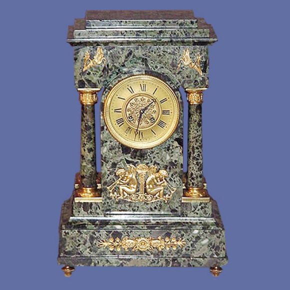 Fine French speckled green marble garniture clock set
