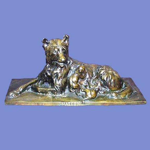 French 19th century bronze of dog with puppies