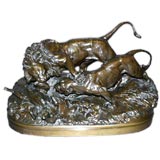 Large bronze of lions and boar, signed, " Cain"