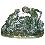 19th century patinated verde bronze of a boy with goat