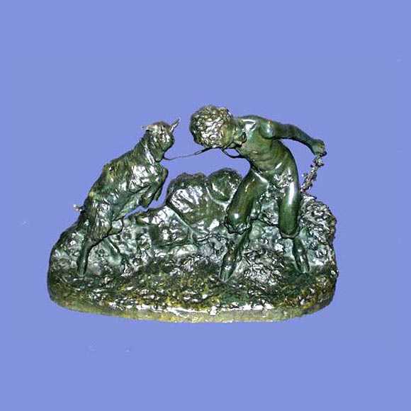 19th century patinated verde bronze of a boy with goat