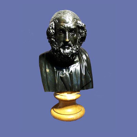 19th century patinated bronze bust of Homer on a marble base.