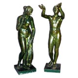 Large pair of French 19th century verde green iron statues