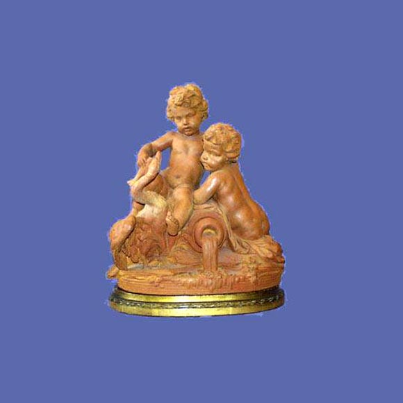 French 19th century terra cotta of two-cherubs feeding a swan.<br />
FOR MORE INFORMATION, PLEASE VISIT WWW.CONNOISSEURANTIQUES.COM
