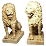 Pair of signed 19th century terra cotta lions  with glass eyes
