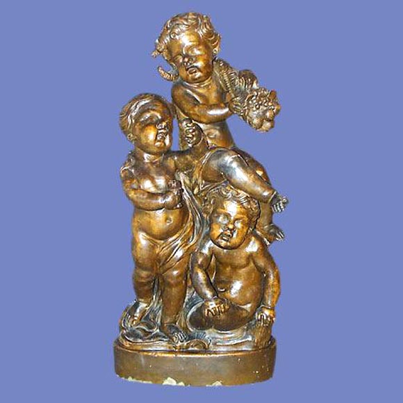 Large French 18th century terra cotta of three robed cherubs