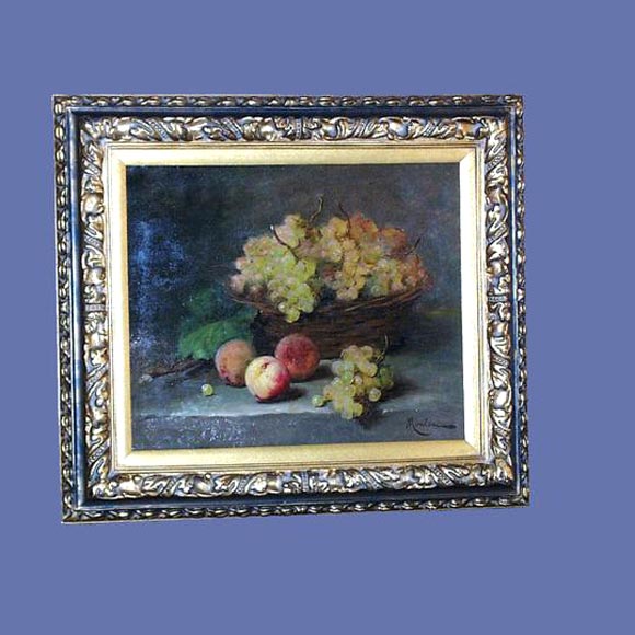 Framed original oil of grapes and peaches in a basket, signed