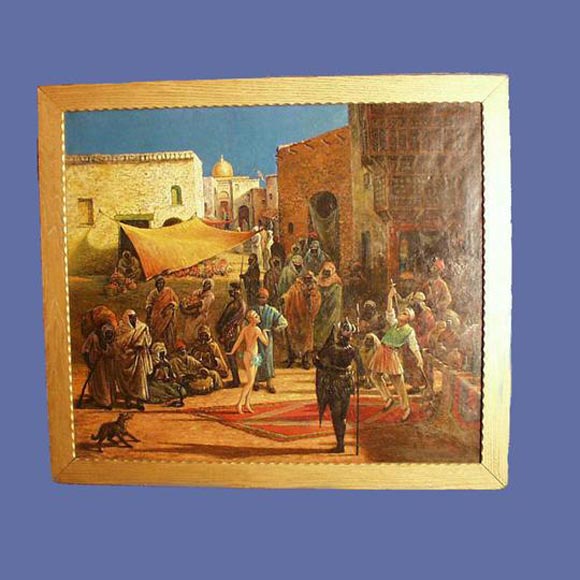 Framed oil of an Arabesque bazaar.