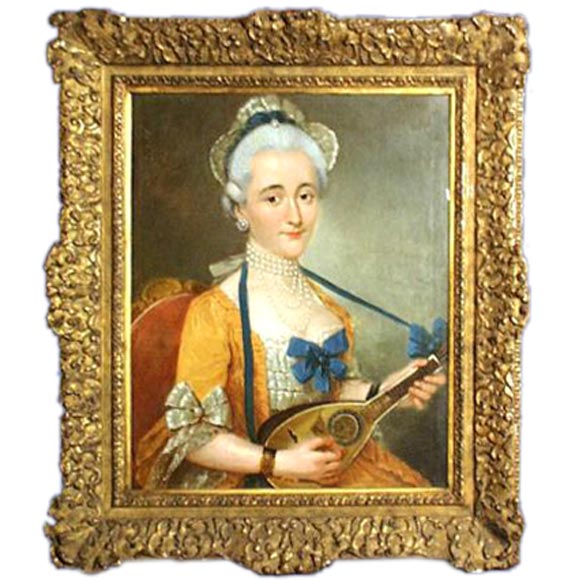 18th century framed oil portrait of a woman playing the mandolin For Sale