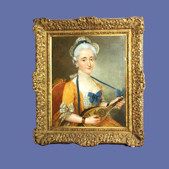 18th century framed oil portrait of a woman playing the mandolin.<br />
FOR MORE INFORMATION, PLEASE VISIT WWW.CONNOISSEURANTIQUES.COM