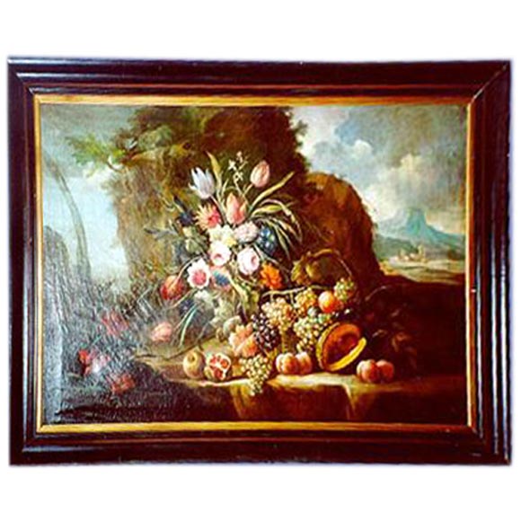 Fine Italian 19th century framed floral and fruit oil on canvas. For Sale