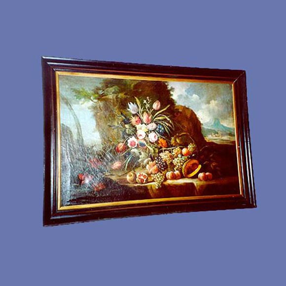 Fine Italian 19th century framed floral and fruit oil on canvas.<br />
FOR MORE INFORMATION, PLEASE VISIT WWW.CONNOISSEURANTIQUES.COM