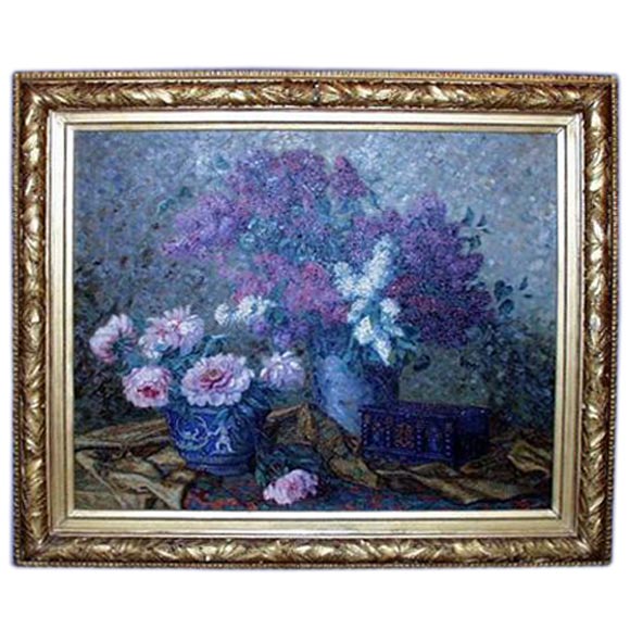 Large framed floral oil signed, "G. Heinrich." For Sale