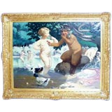 Fine French 19th century framed oil of Pan with bathing children