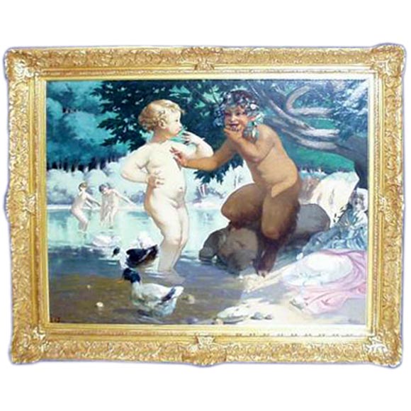 Fine French 19th century framed oil of Pan with bathing children For Sale