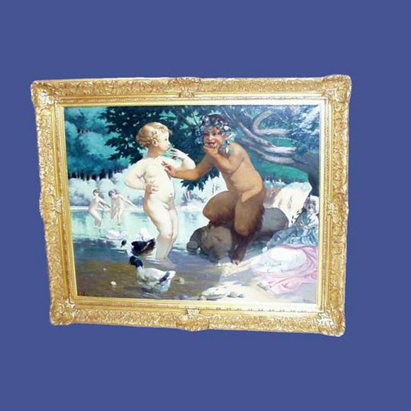 Fine French 19th century framed oil of Pan with bathing children, signed, 