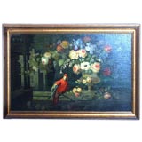 Italian framed oil w/ parrot, flowers and architectural elements