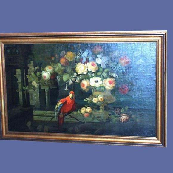 Italian framed oil w/ parrot, flowers and architectural elements