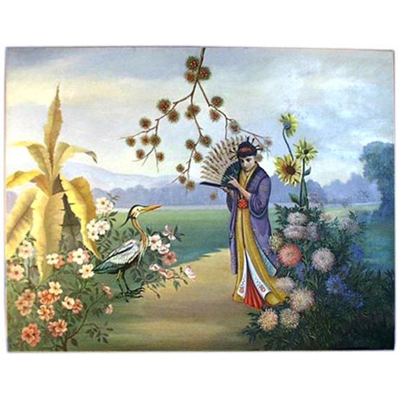 Large 20th century oil of an Asian woman in a garden For Sale
