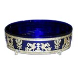 19th century cobalt crystal bowl in bronze carriage.