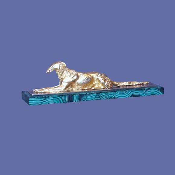 Russian Vermeil Bronze Borzoi on Silver and Malachite Base